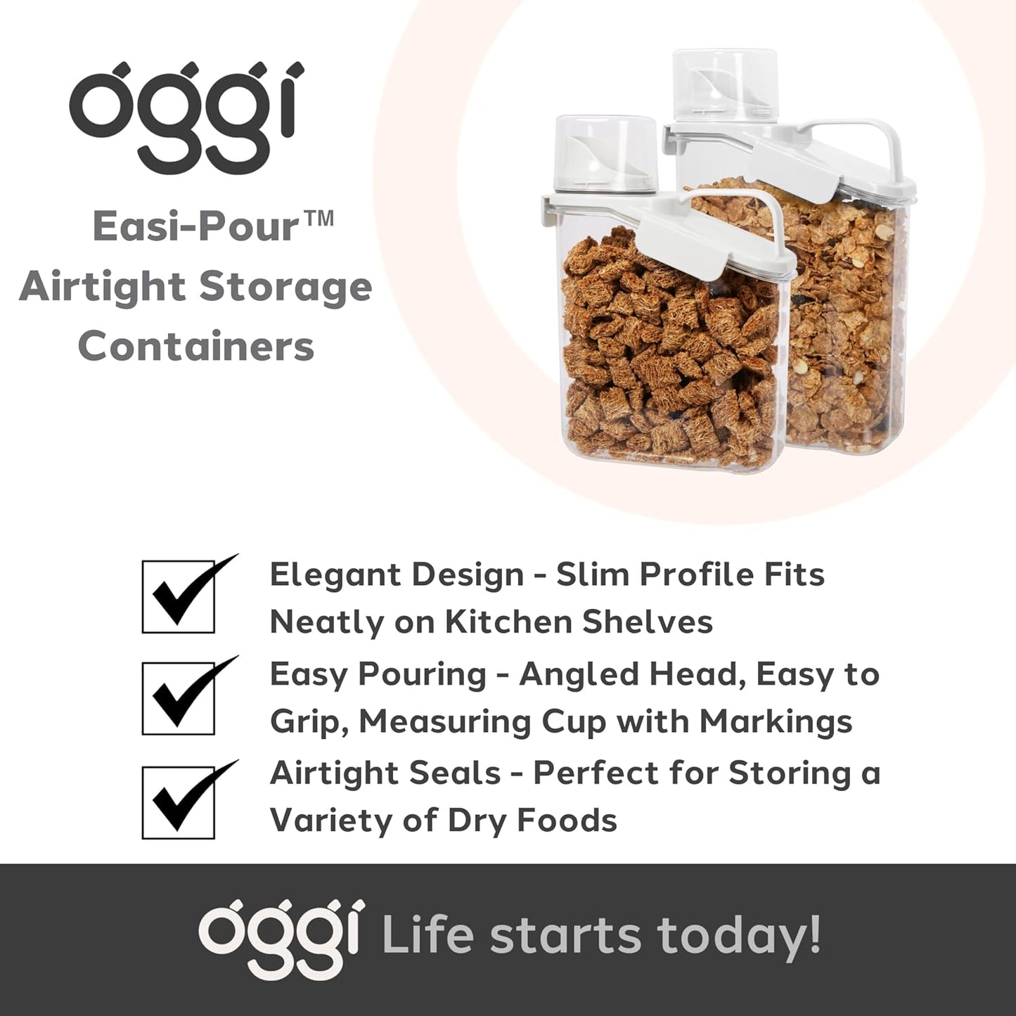 Easi Pour Airtight Food Storage Containers - Cereal Containers Storage, Rice Dispenser, Cereal Dispenser, Snack Storage Containers, Pasta Containers Storage, Containers with Lids - 60Oz / 1.8Lt