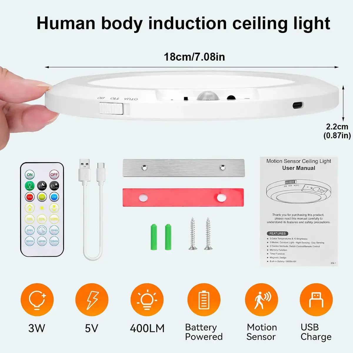 Rechargeable Motion Sensor Ceiling Light with Remote - Magnetic Wireless Ceiling Light Battery Powered for Closet Shower Stairs Shed Hallway Porch Patio Ect