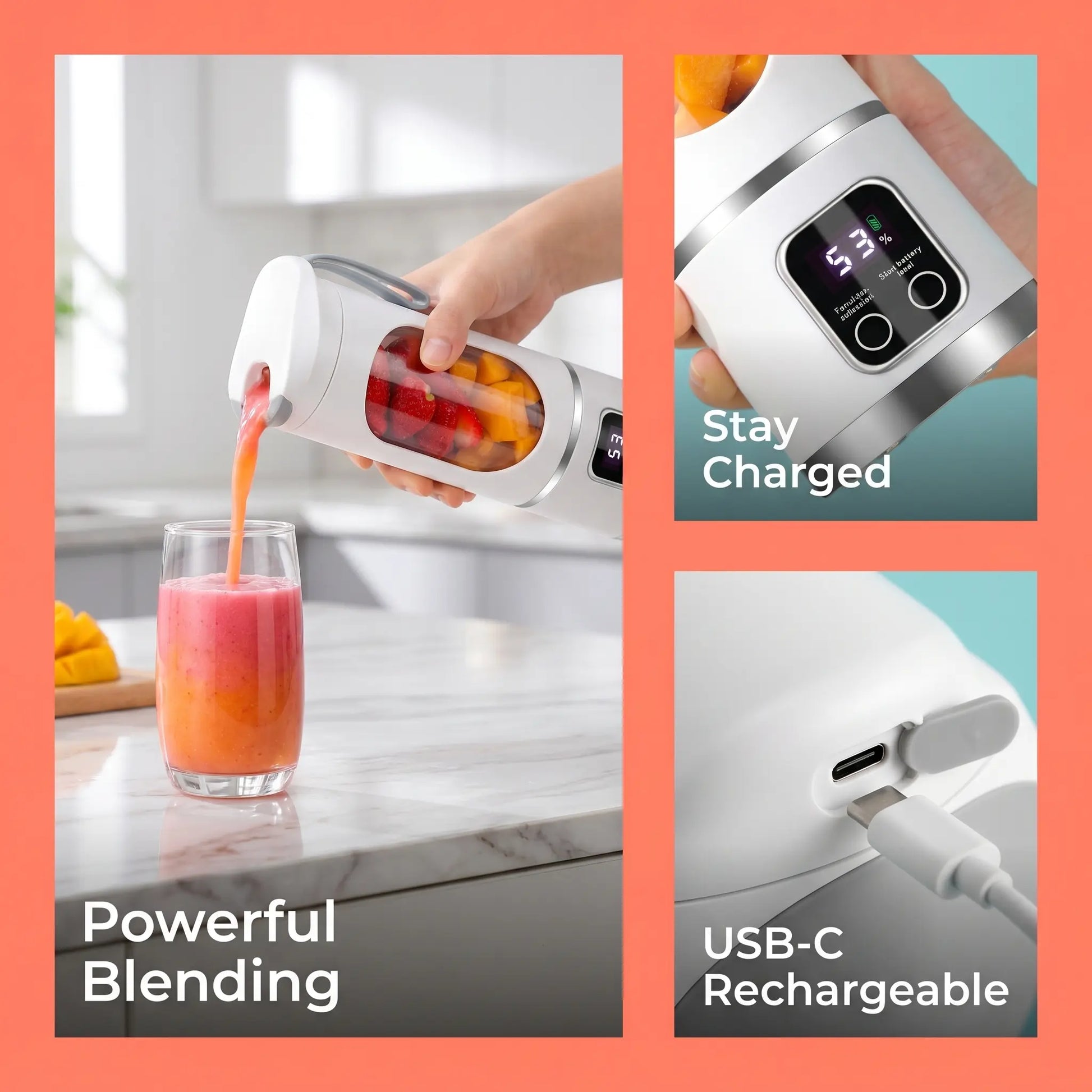Portable 15.22 Oz USB Rechargeable Personal Blender with LED Display, Durable ABS Construction, Ideal for Smoothies and Juices - Essential for Home Kitchen