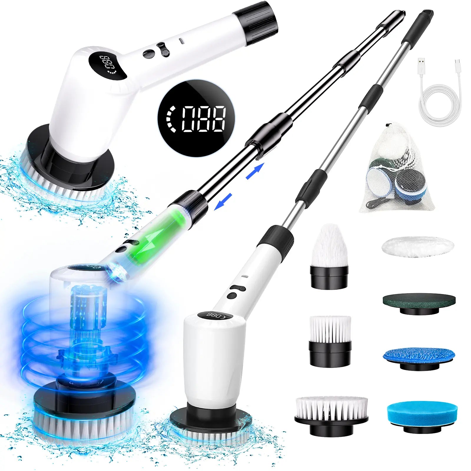 Electric Spin Scrubber，Upgrade Electric Spin Cordless Tub and Tile Scrubber W/ Adjustable Extension Arm，3 Speed 7 Replaceable Cleaning Heads，Power Spin Scrubbers Cleaning Bathroom，Floor，Car