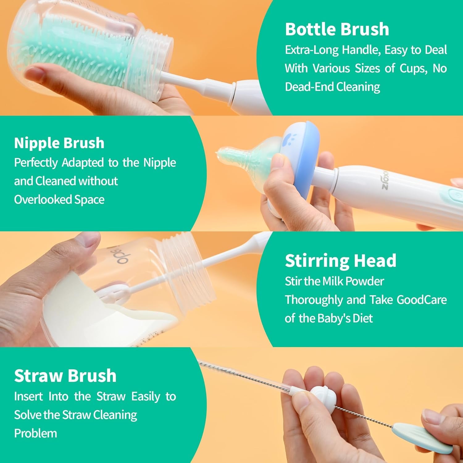 Electric Bottle Brush Cleaner, Portable Electric Baby Bottle Brush Cleaner for Travel, Rechargable Travel Bottle Cleaner Kit with Nipple & Straw Brush, Perfect Mom Essentials after Birth Gift, Green