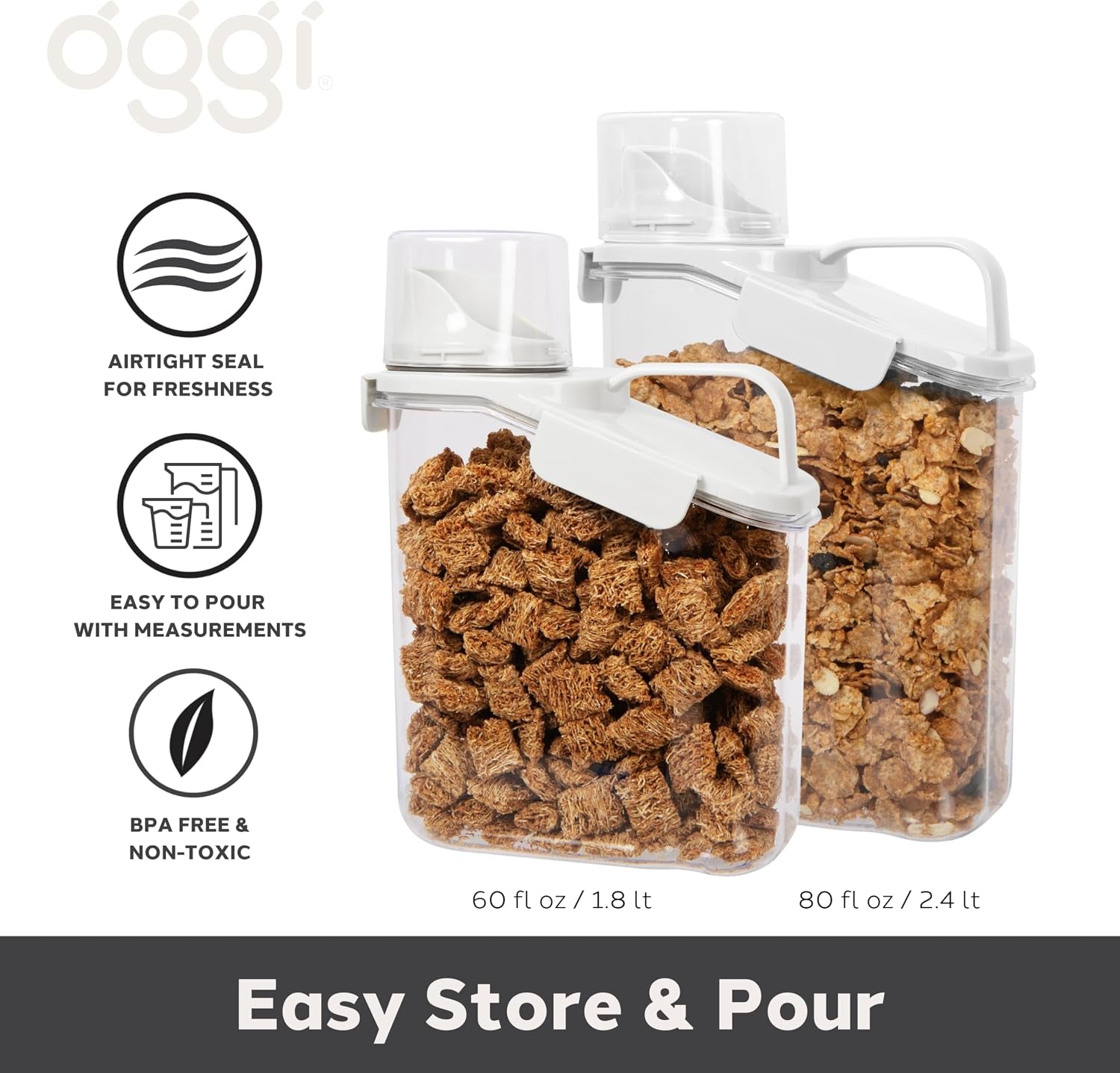 Easi Pour Airtight Food Storage Containers - Cereal Containers Storage, Rice Dispenser, Cereal Dispenser, Snack Storage Containers, Pasta Containers Storage, Containers with Lids - 60Oz / 1.8Lt