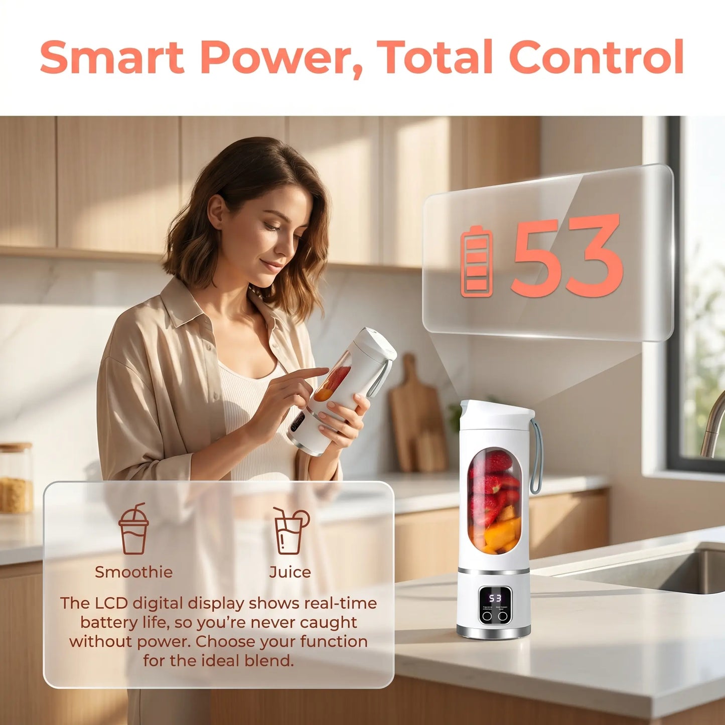 Portable 15.22 Oz USB Rechargeable Personal Blender with LED Display, Durable ABS Construction, Ideal for Smoothies and Juices - Essential for Home Kitchen