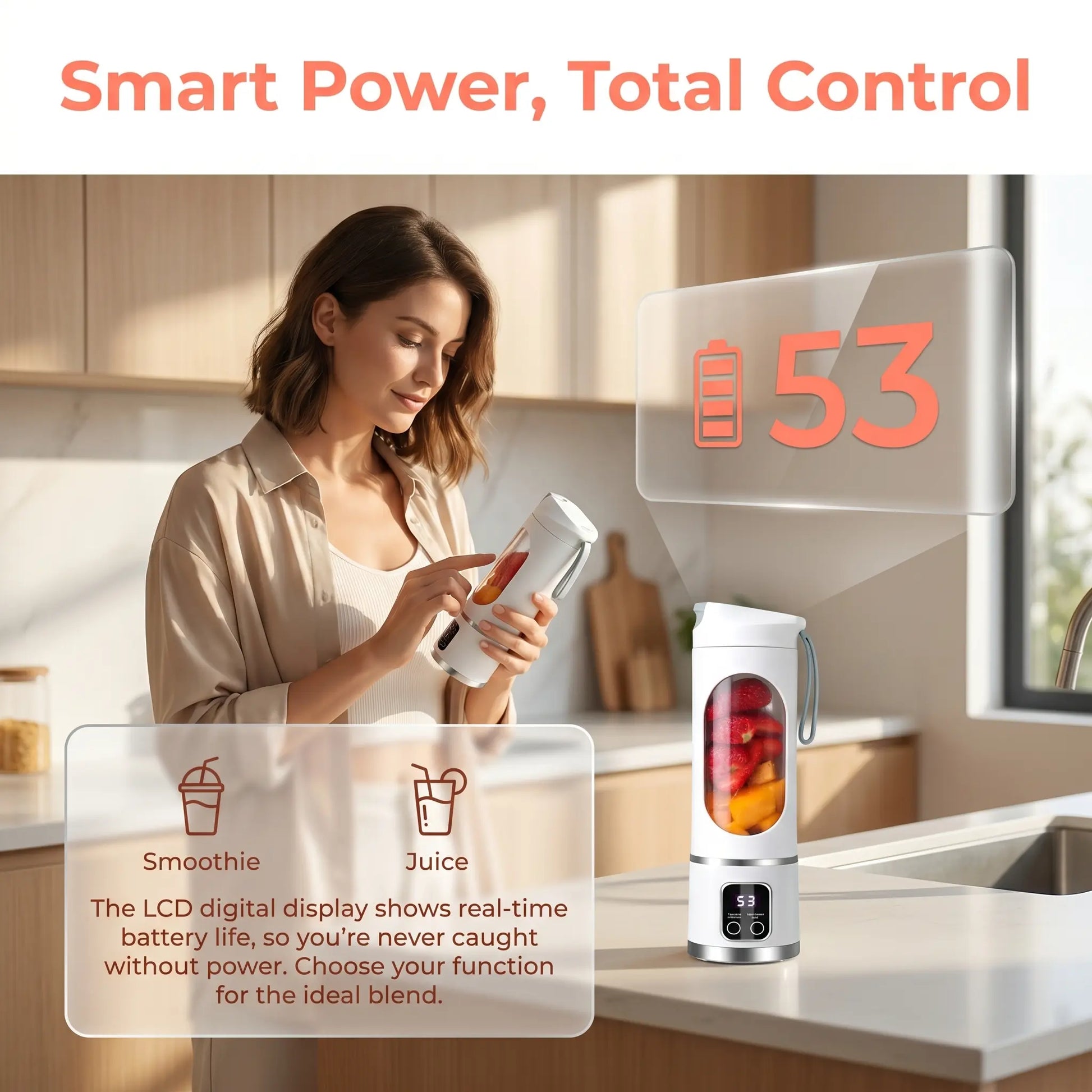 Portable 15.22 Oz USB Rechargeable Personal Blender with LED Display, Durable ABS Construction, Ideal for Smoothies and Juices - Essential for Home Kitchen