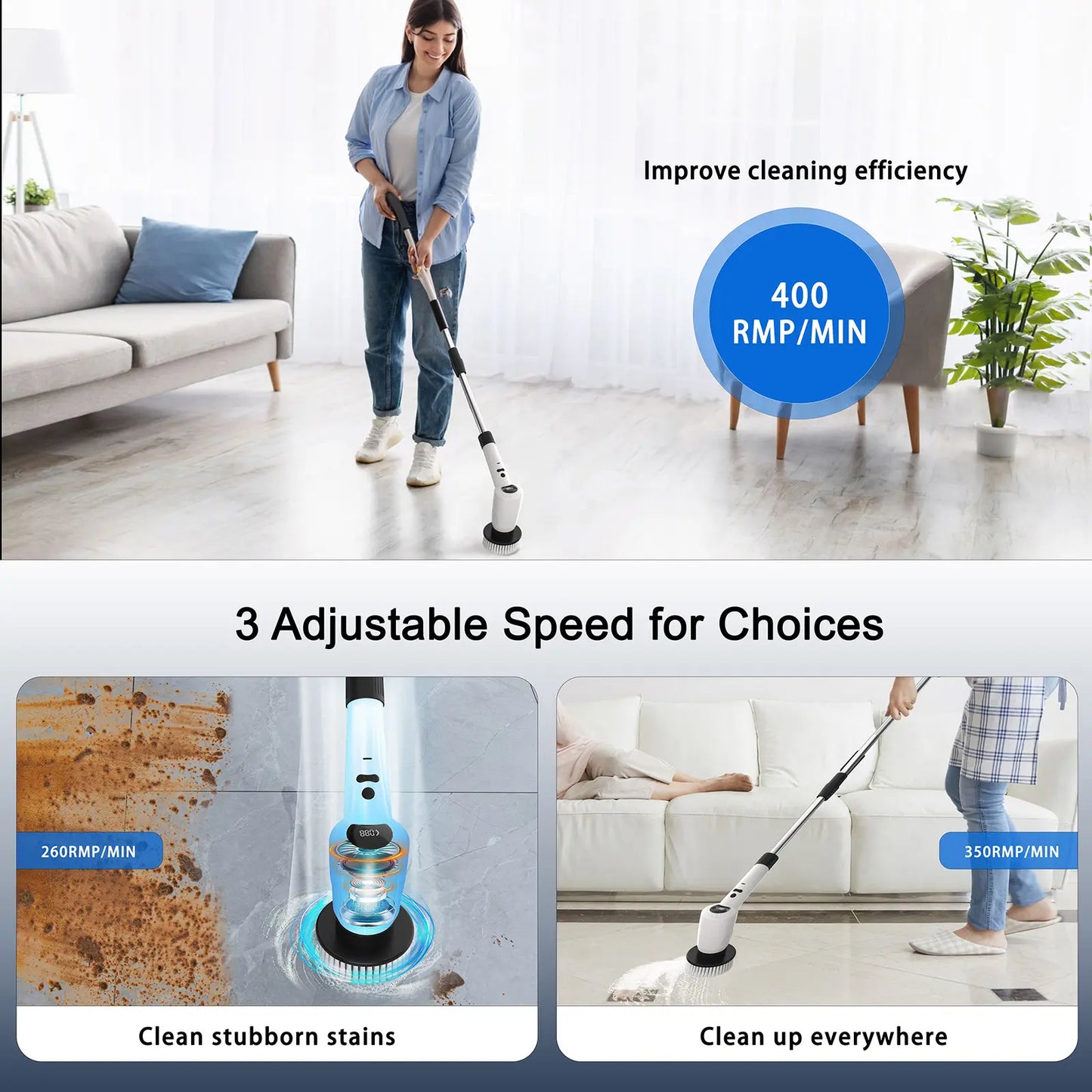 Electric Spin Scrubber，Upgrade Electric Spin Cordless Tub and Tile Scrubber W/ Adjustable Extension Arm，3 Speed 7 Replaceable Cleaning Heads，Power Spin Scrubbers Cleaning Bathroom，Floor，Car