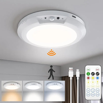 Rechargeable Motion Sensor Ceiling Light with Remote - Magnetic Wireless Ceiling Light Battery Powered for Closet Shower Stairs Shed Hallway Porch Patio Ect