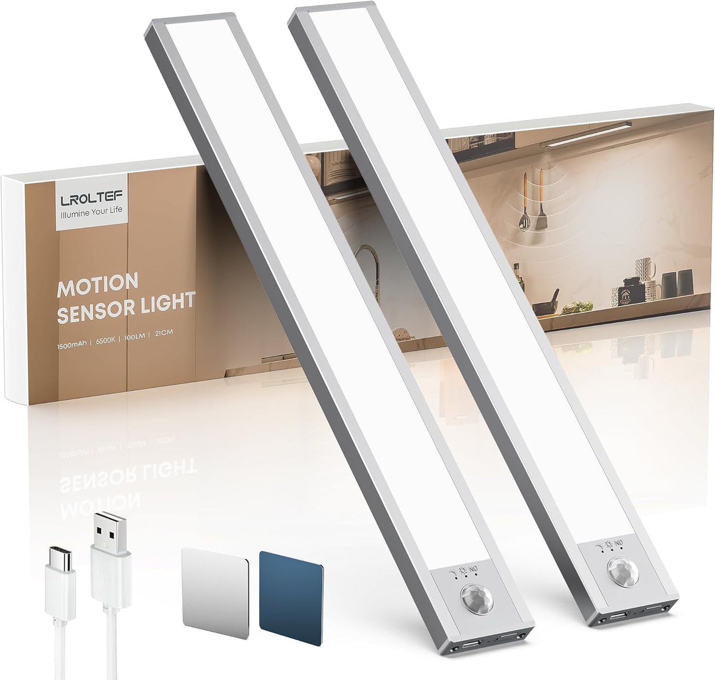 under Cabinet Motion sensor Lighting Wireless, 2 Pack 8.3 Inch 1500Mah 6500K Dimmable Motion Sensor Light Indoor, Rechargeable LED under Counter Lights for Kitchen, Shelf, Stairs, Closet
